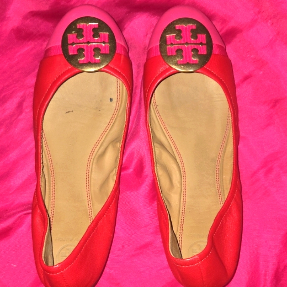 Tory Burch Red and Pink Flats with Iconic Logo